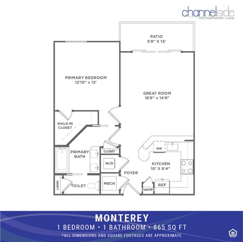 Floor plan for 1 bed, 1 bath, 865 sqft
